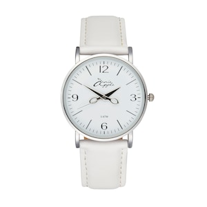 Annie Apple Silver/White Leather Hairdresser Scissor Hands Wrist Watch