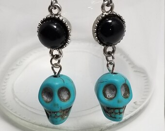 Black Onyx with "Turquoise" Carved Skull Drop Earrings