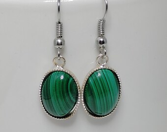 Malachite Banded Green Gemstone Silver Tone Oval Drop Earrings