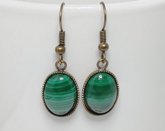 Malachite Banded Green Gemstone Antiqued Brass Oval Drop Earrings