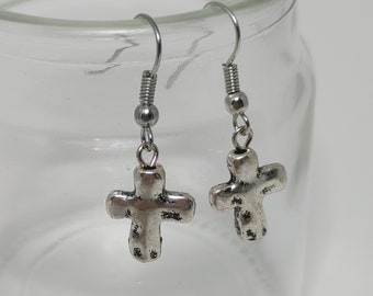 Rustic Silver Cross Drop Earrings