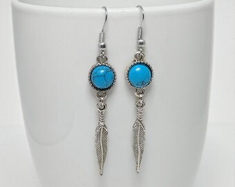 Blue Turquoise Gemstone with Silver Feather Accent Boho Drop Earrings
