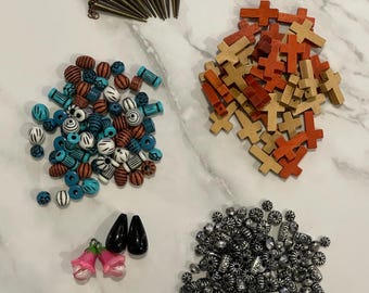 Mixed Lot Jewelry Making Supplies - Various Shapes Plastic Beads & Wood Cross Beads