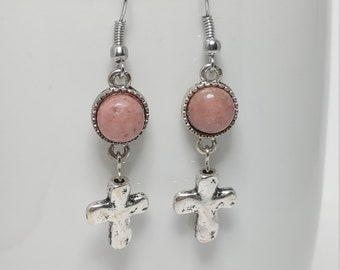 Rustic Silver Crosses with Rose Pink Rhodonite Gemstone Drop Earrings