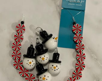 Mixed Lot Jewelry Making Supplies - Christmas Winter Themed - Glass Snowman Peppermint Swirl Bead