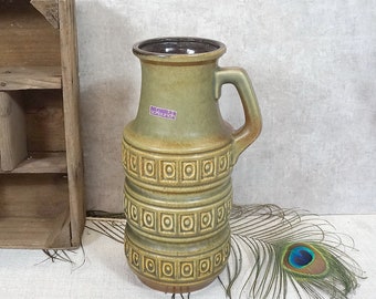 Scheurich Vase, Blumenvase, Henkelvase aus olivgrüner Keramik  - 70er Jahre - made in Germany