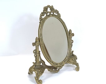 Miroir en laiton vintage, miroir de table, miroir sur pied - miroir - fleuri - baroque