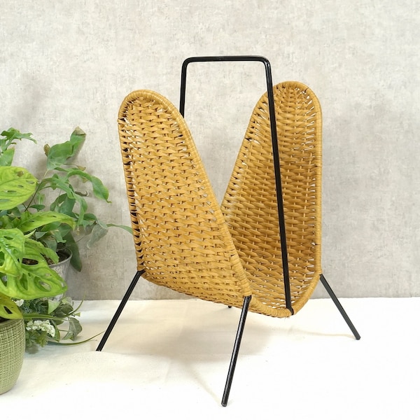 Zeitungsständer Zeitungskorb Magazin Rack Zeitschriftenständer Rattan Geflecht Boho Korbgeflecht - 60er Jahre