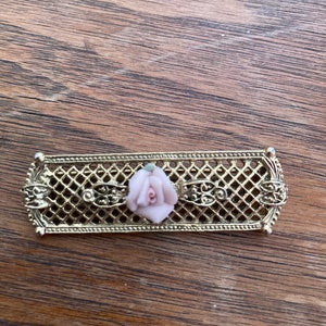 Vintage porcelain rose bar pin brooch