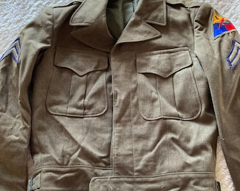 WWII Ike Jacket Cropped Us Army Jacket Size 36 Long Green Wool
