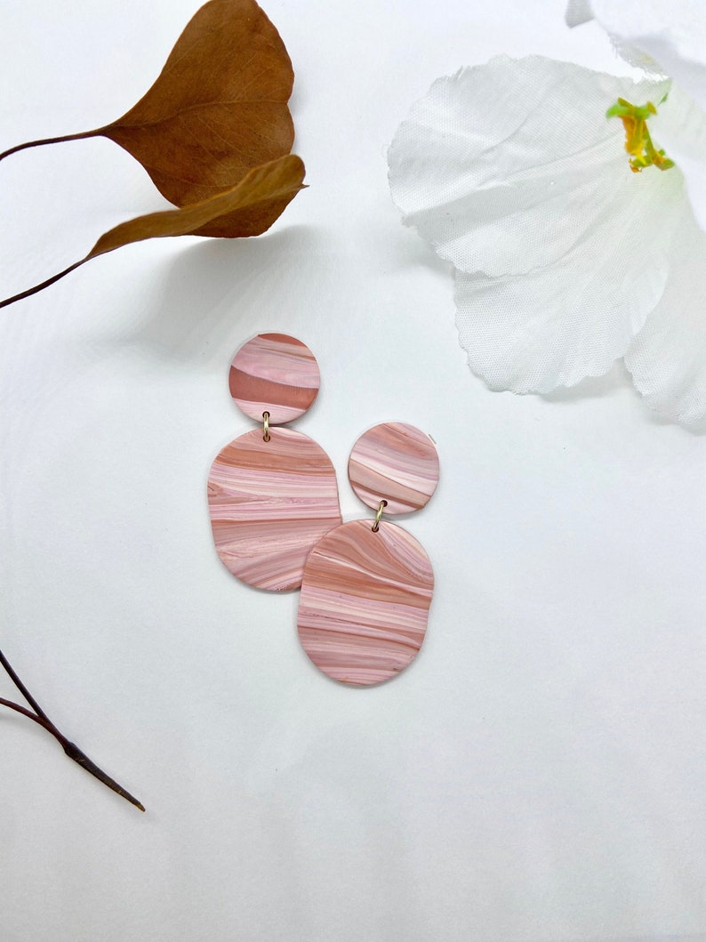 geometric statement Polymer clay earrings Pink marbled dangle earrings