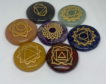 7 Chakra Palm Stone Set, Natural Polished Round Pocket Gemstones in Velvet Pouch