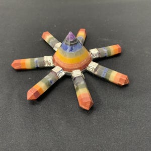 Peut inclure: Un générateur d'énergie chakra coloré avec une pyramide centrale et sept pointes de cristal rayonnantes. La pyramide présente des bandes de couleurs superposées, et les pointes de cristal sont recouvertes de métal argenté.
