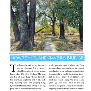 K&ouml;nnte beinhalten: Ein Foto eines Feldwegs, der sich durch einen Wald mit hohen B&auml;umen schl&auml;ngelt. Der Text "Howrey Island/Myers Bridge" befindet sich oben im Bild. Der Text darunter beschreibt das Gebiet als Naherholungsgebiet mit einem Bach und K&uuml;hen.