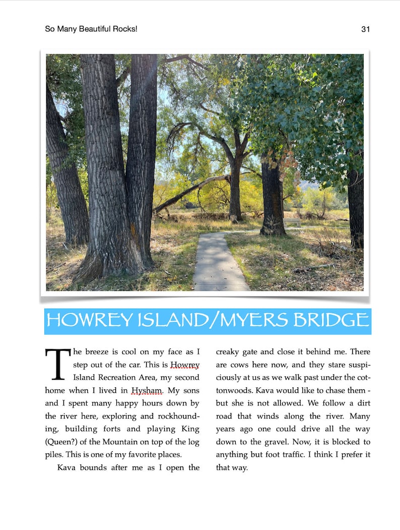 K&ouml;nnte beinhalten: Ein Foto eines Feldwegs, der sich durch einen Wald mit hohen B&auml;umen schl&auml;ngelt. Der Text "Howrey Island/Myers Bridge" befindet sich oben im Bild. Der Text darunter beschreibt das Gebiet als Naherholungsgebiet mit einem Bach und K&uuml;hen.