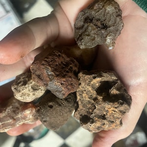 Puede incluir: Una colección de seis piedras de ágata, cada una con una forma y un patrón únicos. Las piedras son una mezcla de colores marrón, blanco y rojo.