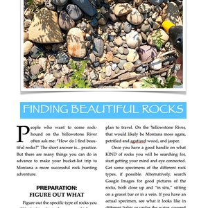 K&ouml;nnte beinhalten: Eine Seite aus einem Buch mit dem Titel "Finding Beautiful Rocks" mit einem Foto einer Vielzahl von Steinen auf einem Flussbett. Der Text beschreibt, wie man sch&ouml;ne Steine findet, einschlie&szlig;lich der Arten von Steinen, die man suchen sollte, und wie man sie identifiziert.
