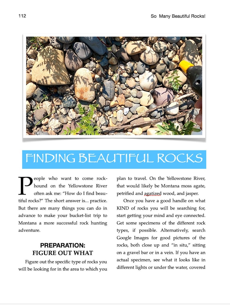 K&ouml;nnte beinhalten: Eine Seite aus einem Buch mit dem Titel "Finding Beautiful Rocks" mit einem Foto einer Vielzahl von Steinen auf einem Flussbett. Der Text beschreibt, wie man sch&ouml;ne Steine findet, einschlie&szlig;lich der Arten von Steinen, die man suchen sollte, und wie man sie identifiziert.