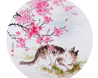 Curious Cat, handgemalte orientalische Aquarelldrucke: 18x18cm