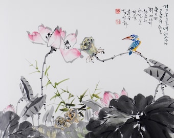 Friedlicher Tag, Lotus, handgemalte orientalische Aquarelldrucke - Traditionelle koreanische Tusche- und Aquarellbilder: 13x10 cm