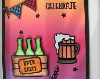 Birthday Card, Beer Card, Card for Him, Beer Party Card, Celebrate Birthday Card, Glittery Card, Whimsical Card, Six Pack of Beer