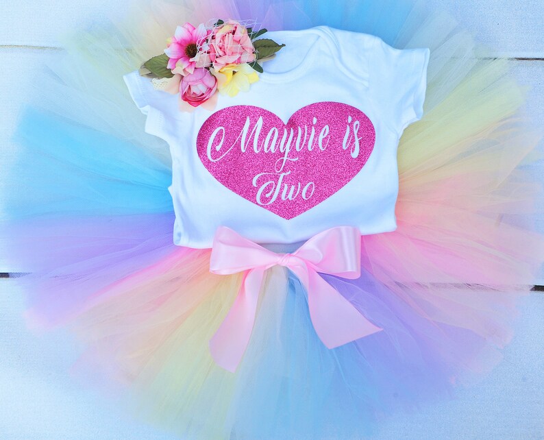 Girls 2nd Second Birthday Party Outfit Tutu Skirt Vest Top Headband Two Cute Baby Rainbow