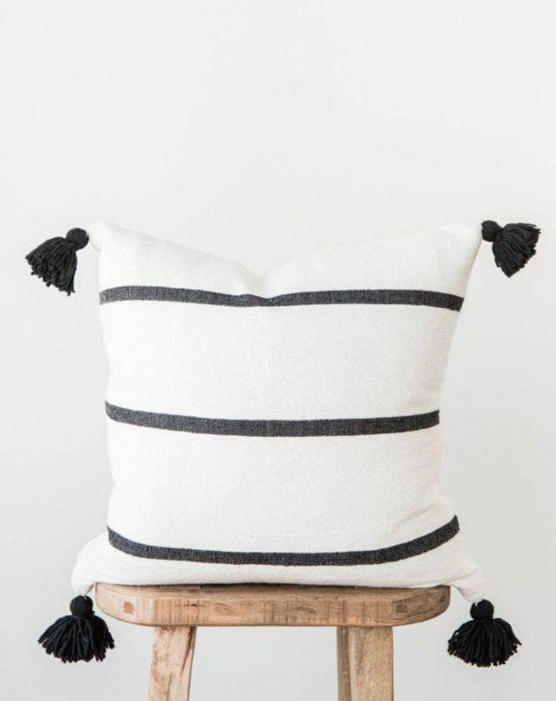 Cotton Pom Pillow Cover With Tassels -White Black Stripes-