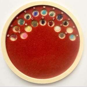 May include: A round wooden tray with a red felt interior. The tray has multiple circular indentations filled with colorful beads. Letters of the alphabet are written around the edge of the tray. The tray is on a white background.