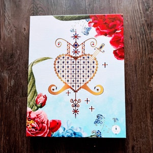 EZILI DANTÒ vèvè Hand-Jeweled Canvas frame 11&quot; x 14&quot;  | Haitian vodou altar tool | Vodou vèvè image