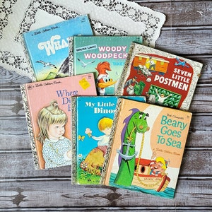 Libro dorado vintage, Tú eliges, Libro infantil, Suministros de diario basura, Ballenas, Pájaro carpintero, Siete carteros, Mi dinosaurio