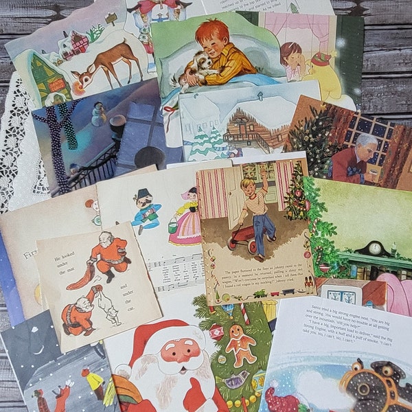 Christmas Children's Book Pages, Mixed Media Art Journal, Antique Paper, Kitsch Images, Junk Journal Paper, Retro Book Pages for Glue Books