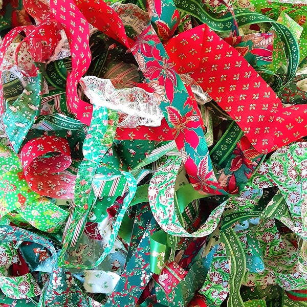 Christmas Ribbon, Vintage fabric scraps, Vintage Trim, Junk Journal Supplies, Mixed Media, Vintage Christmas, Vintage Craft Lot, Altered Art