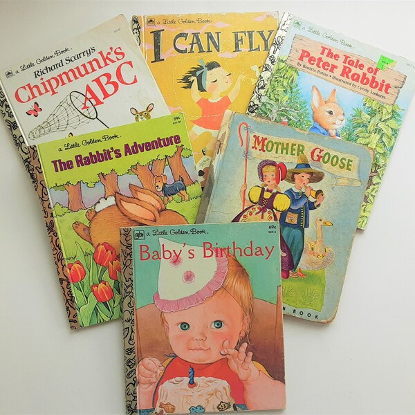 Vintage Little Golden Book, Childrens Book, Junk Journal Supplies, Chipmunks ABC, I Can Fly, Baby's Birthday, Peter Rabbit, Mother Goose