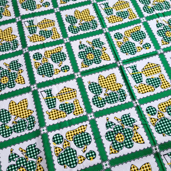 Vintage Tablecloth, Retro Kitchen Decor, Funky Fabric for Junk Journals, Green and Yellow Floral Table Cover, Mixed Media, Quilting Supplies