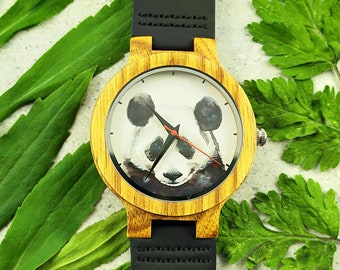 Wooden watch with black strap PANDA Wristwatch, Customized, Anniversary Gift, Gift for her, Gift for him, Gift Ideas, Birthday Gift