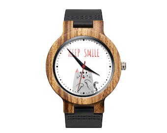 Houten horloge met zwarte band KEEP SMILE Polshorloge, Aangepast, Verjaardag Cadeau, Cadeau voor haar, Cadeau voor hem, Gift Ideeën, Verjaardagscadeau