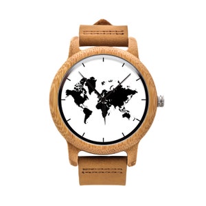 Wooden watch with brown strap WORLD MAP Wristwatch, Customized, Anniversary Gift, Gift for her, Gift for him, Gift Ideas, Birthday Gift