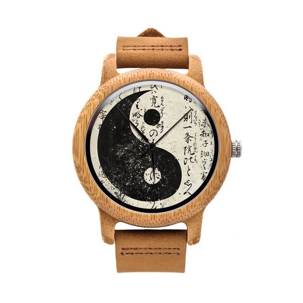 Wooden watch with brown strap YIN YANG Wristwatch, Customized, Anniversary Gift, Gift for her, Gift for him, Gift Ideas, Birthday Gift