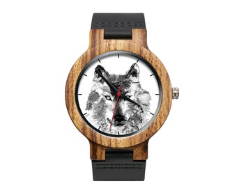 Wooden watch with black strap WOLF Wristwatch, Customized, Anniversary Gift, Gift for her, Gift for him, Gift Ideas, Birthday Gift