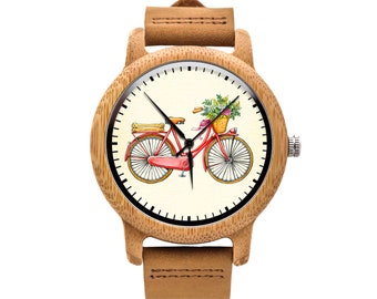 Wooden watch with brown strap BICYCLE Wristwatch, Customized, Anniversary Gift, Gift for her, Gift for him, Gift Ideas, Birthday Gift