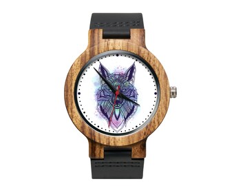 Wooden watch with black strap ORIENTAL WOLF Wristwatch, Customized, Anniversary Gift, Gift for her, Gift for him, Gift Ideas, Birthday Gift