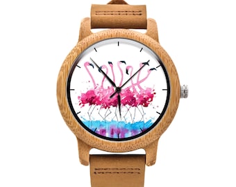 Wooden watch with brown strap FLAMINGOS Wristwatch, Customized, Anniversary Gift, Gift for her, Gift for him, Gift Ideas, Birthday Gift