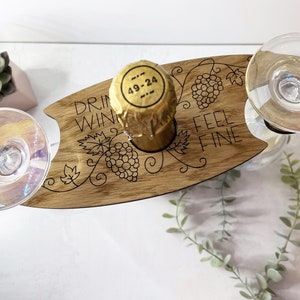 Drink Wine Feel Fine Personalized Wine Caddy - Wine Butler - Wood Wine Glass Holder - Housewarming - Hostess - Wedding - Valentines Day