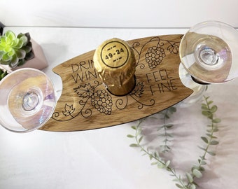Drink Wine Feel Fine Personalized Wine Caddy - Wine Butler - Wood Wine Glass Holder - Housewarming - Hostess - Wedding - Valentines Day