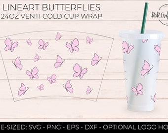 24oz Venti Cold Cup Lineart Farfalle - Full Wrap - Stampa SVG - Decalcomania in vinile - Stampa - Starbucks Cup - Cricut - PNG DXF Silhouette