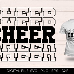 May include: A digital design file for a t-shirt featuring the word "CHEER" in a bold, blocky font. The word is repeated five times, with the middle "CHEER" being larger and in black. The design is perfect for cheerleading, sports, or any fan.