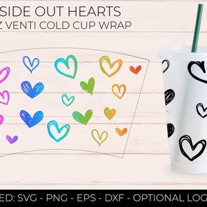 May include: A digital download for a 24 ounce cold cup wrap featuring a design of colorful hearts with the text "Inside Out Hearts". The design is shown on a clear cup with a black straw. The text "PRE-SIZED: SVG - PNG - EPS - DXF - OPTIONAL LOGO HOLE" is also included.