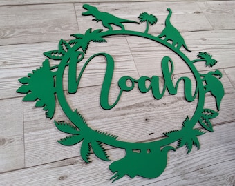 Personalised Dinosaur Name Hoop, Any Colour - Circle Name, baby shower, nursery kids bedroom decor