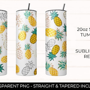 May include: A sublimation ready 20oz skinny tumbler with a pineapple pattern. The tumbler is white with gold and green pineapples. The text "20oz Skinny Tumbler" and "Sublimation Ready" is on the image.