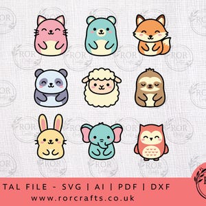 May include: Nine cartoon animal illustrations, including a cat, bear, fox, panda, sheep, sloth, rabbit, elephant, and owl. The animals are in a cute, rounded style with soft colors. Text at the bottom reads "DIGITAL FILE - SVG | AI | PDF | DXF".